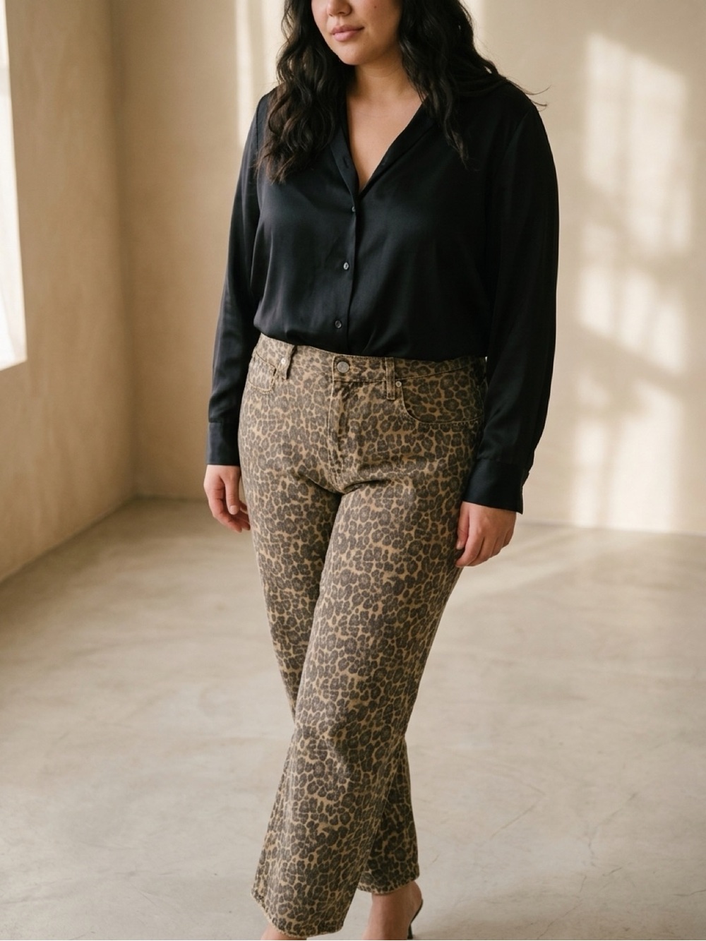 AMO Leopard Print Mid Rise Relaxed Straight Leg Pants in Brown